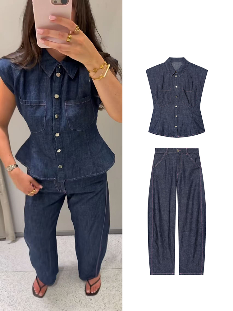 TFMLN Women Denim Pant Set Chi - مراجعة Shoulder Pad Set In وسعره