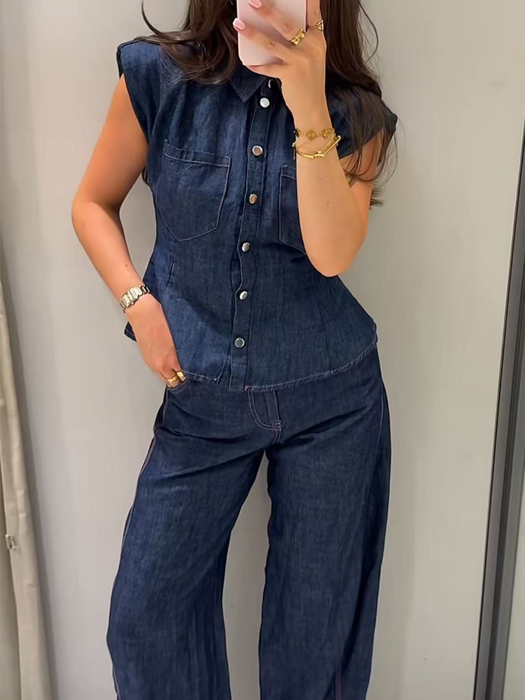 TFMLN Women Denim Pant Set Chi - مراجعة Shoulder Pad Set In وسعره