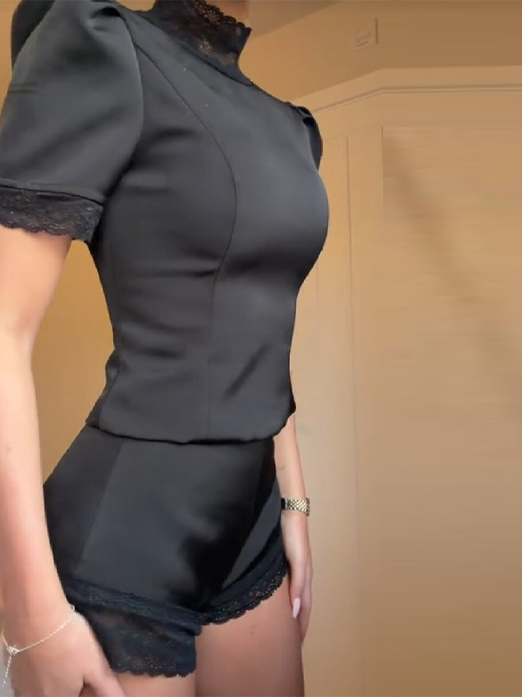New Satin Lace Edge Top Short  - مراجعة Shoulder Pad Set In وسعره